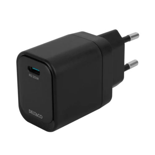 USB-C-väggladdare, 1x USB-C PD, 20 W, svart (ny)