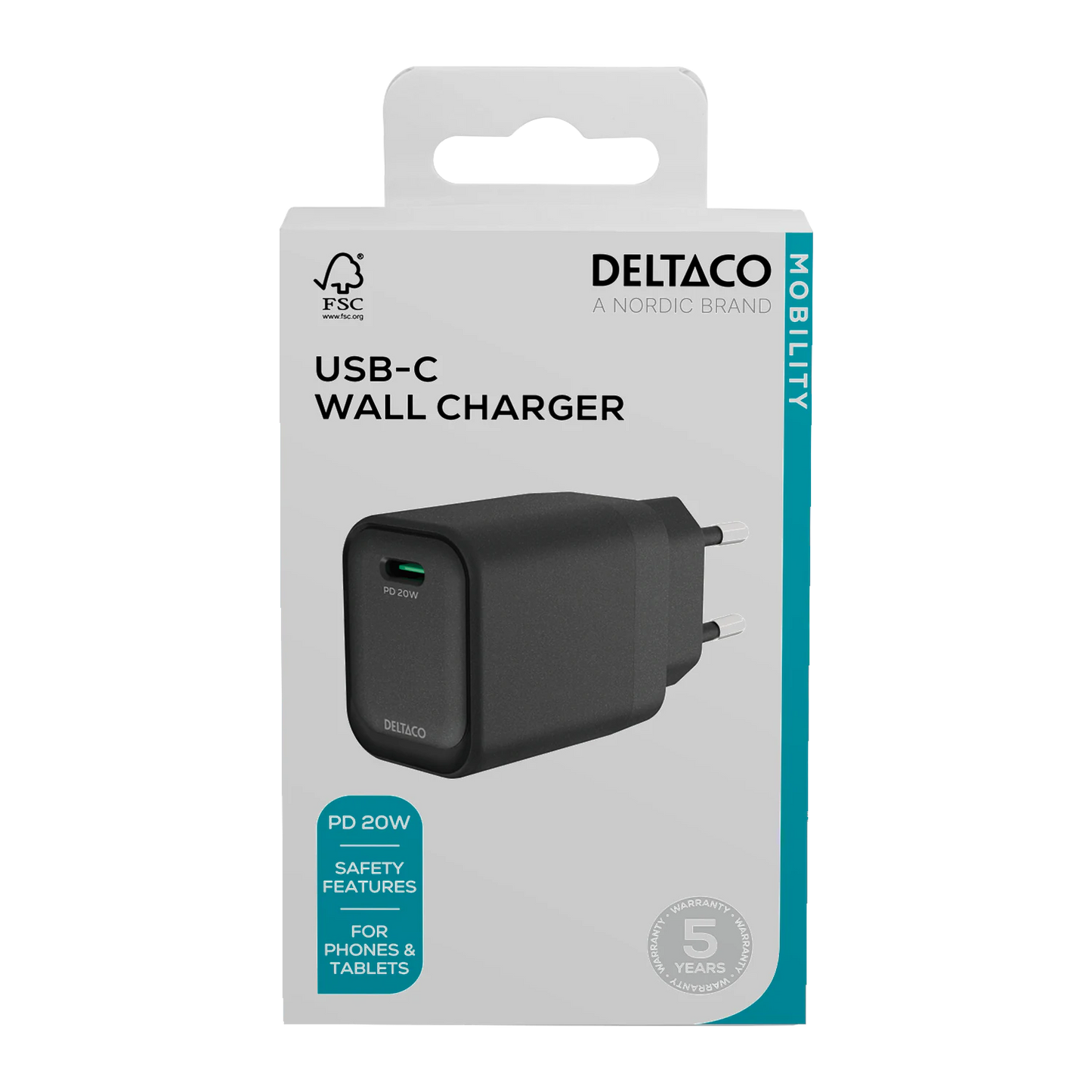 USB-C-väggladdare, 1x USB-C PD, 20 W, svart (ny)