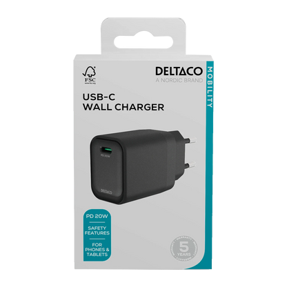 USB-C-väggladdare, 1x USB-C PD, 20 W, svart (ny)